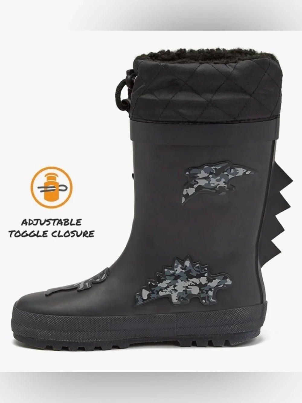 London Fog Black Quilted Cuff Kids' Dino Rain Boot
